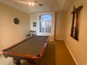 American Heritage 7' Pool Table Game Room Set Includes: Wall Rack with Cues, Pub Table  with 2 Stools, Aramith Belgian Billiard Balls, Decorative Pool