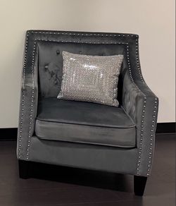 Gray Velvet Tufted Accent Chair with Nailhead Trim
