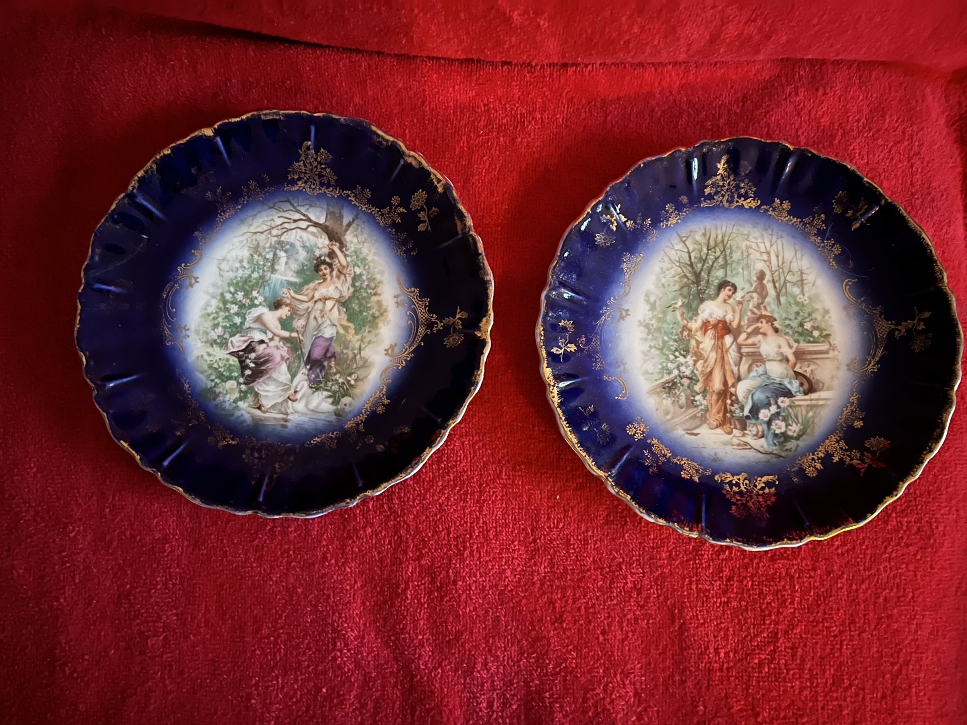 2 Vintage Cobalt Blue & Gold Porcelain Plates With Cameo Scene Of Women