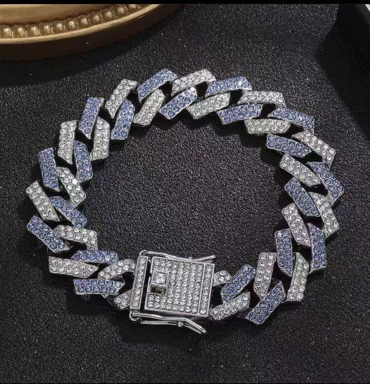 12mm Thick European And American Hip-hop Diamond Cuban Chain Necklace Bracelet Men Blue Silver/Blue Gold Color Combination Influx of Men's Accessories