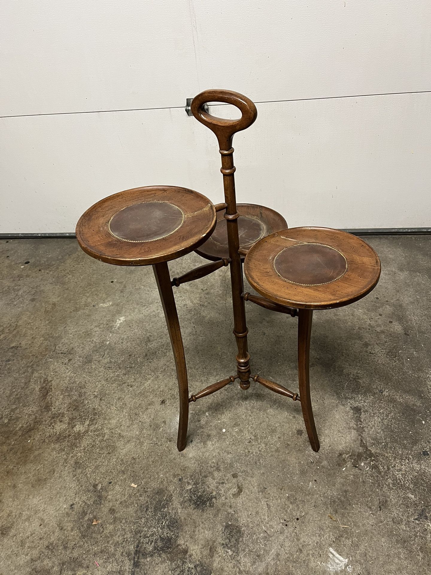 Mid Century Antique Cherry 3 Tier Plant Stand by Brandt / Leather Inlay