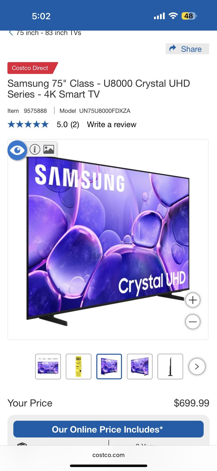 Samsung 75" Class - U8000 Crystal UHD Series - 4K Smart TV