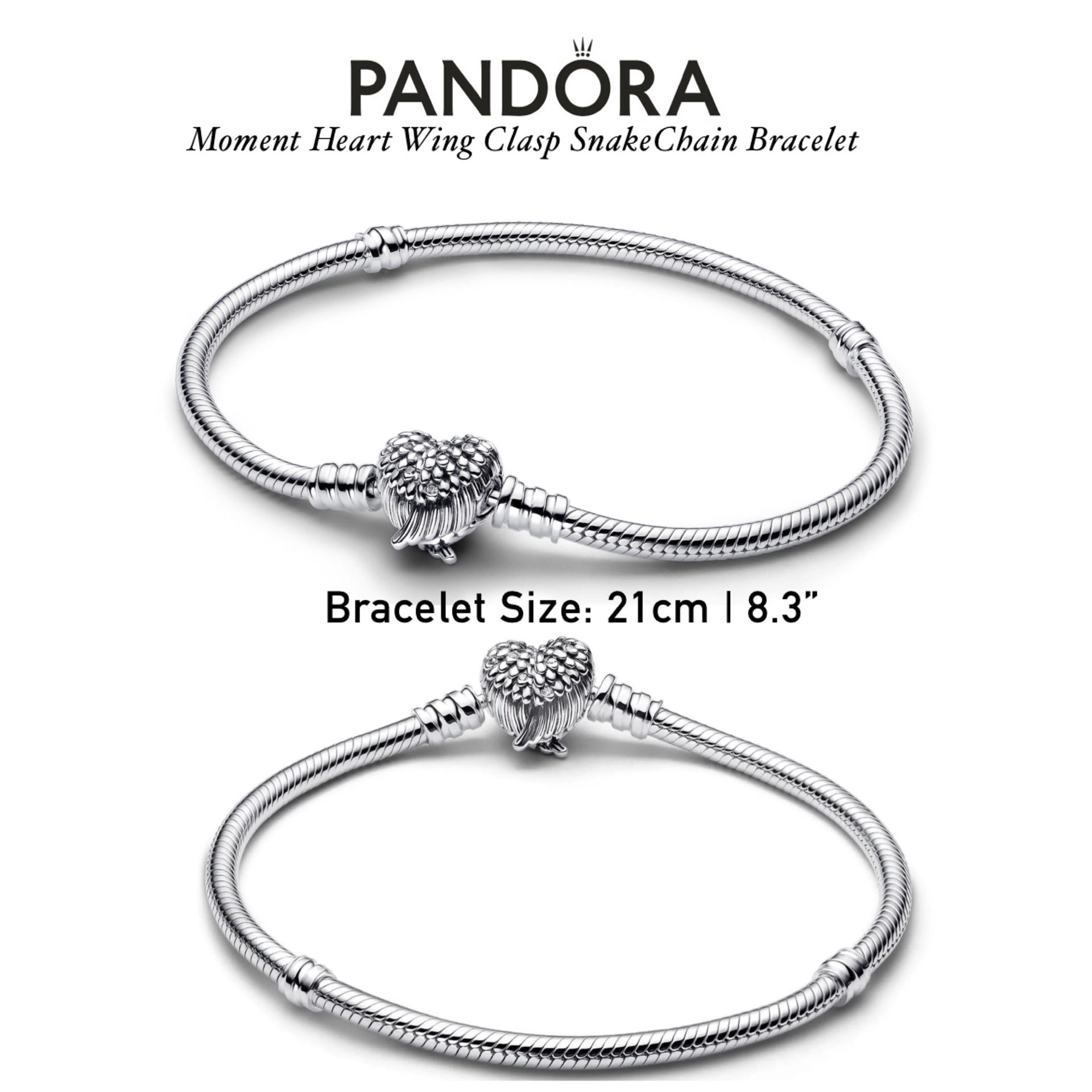 PANDORA Moments Heart Wing Clasp Snake Chain Bracelet (21cm|8.3”) w/box