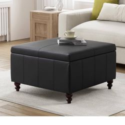 Square Leather Storage Ottoman black