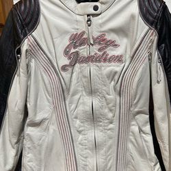 Ladies Harley Davidson White Leather Jacket - Pink Label - Worn Once * Kept In Closet Bags, Still Have Tags. 