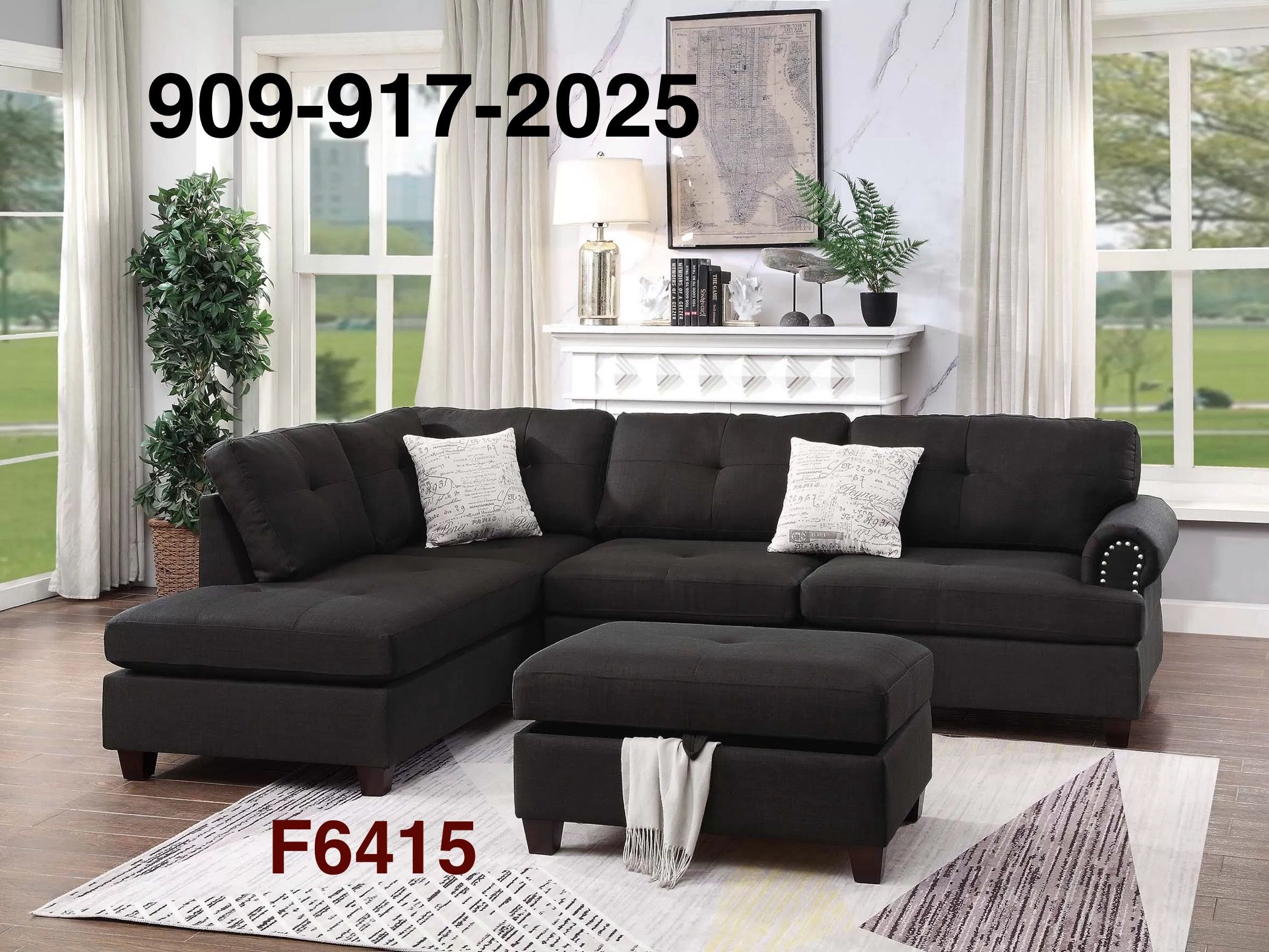 BLACK REVERSIBLE CHAISE SECTIONAL WITH STORAGE OTTOMAN
