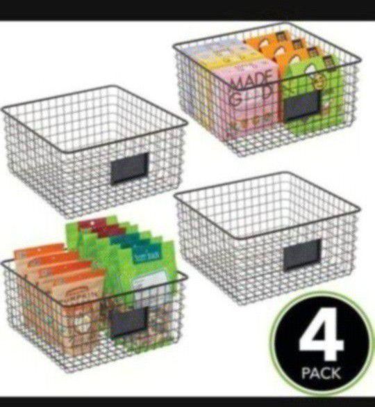 mDesign Square Steel Storage Organizer Bin Baskets with Label Slot for Kitchen Pantry, Cabinet, Cupboard, Organizing Holder for Foo