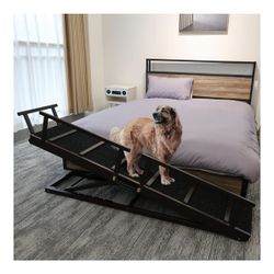 Pet Ramp Folding Portable Wooden Dog & Cat Ramp for Couch or Bed, Including Non Slip Mat & Safety Side Rails, 64.2 Inch Long and Height Adjustable fro