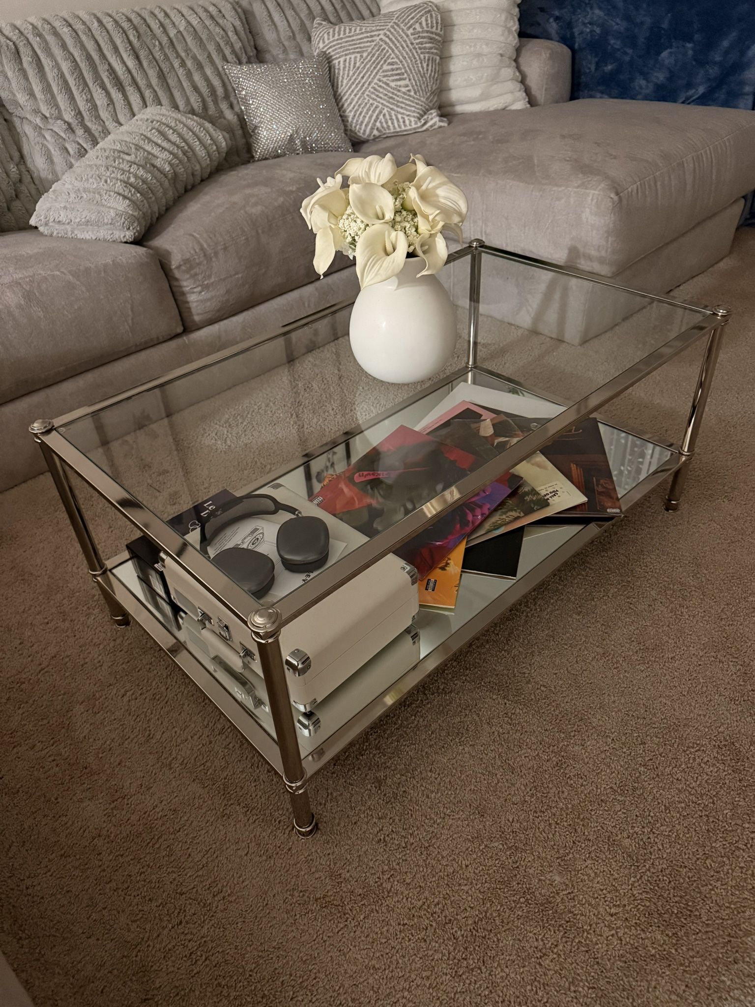 Modern Glass & Silver Metal Coffee Table