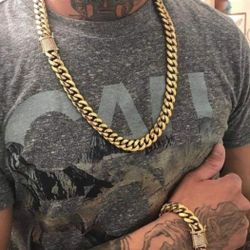 12MM Cuban Link Set 14K Gold Plated Doesn't Loses Color 