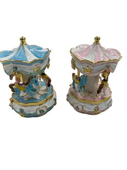 Carousel Jewelry Box- Pink & Baby Blue - Faberge Egg Style Trinket Box - Jewel Encrusted, Enamel Coated, Solid Metal w/ Magnetic Closure