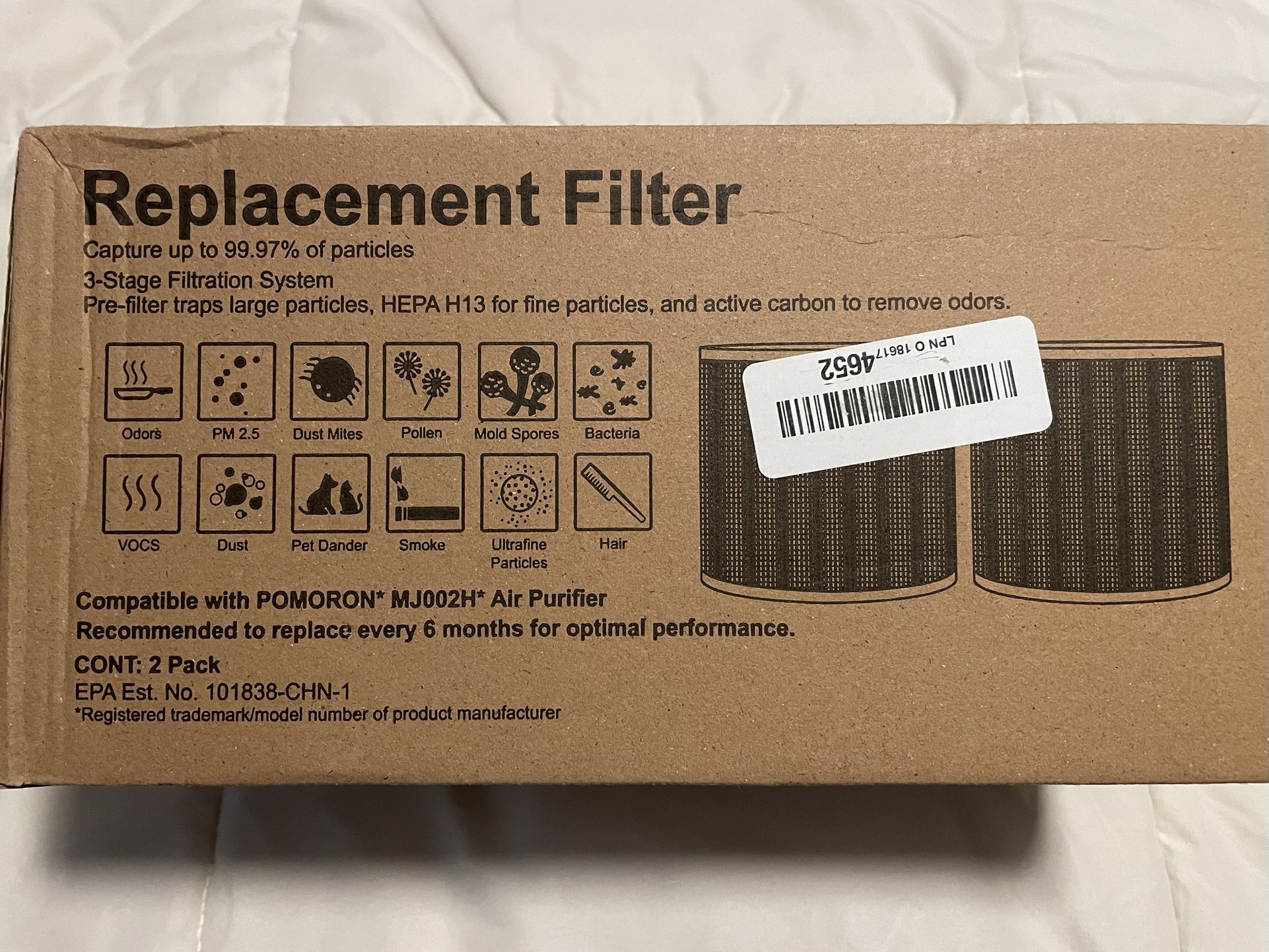 POMORON MJ002H-RF Replacement Air Purifier Filter 2 Pack