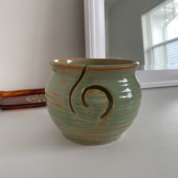 Handmade Yarn Bowl Green & Brown Signed Art Pottery, 4.5”