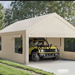 12x20ft Carport, Reinforced Steel Poles with Removable Sidewalls and Doors, Roll-Up Windows