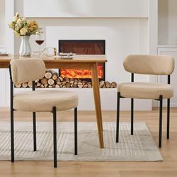 Boucle Dining Chairs, Kitchen Dining Room Chairs Curved Backrest Upholstered Mid Century Modern Dining Chairs (Beige, 2pcs)