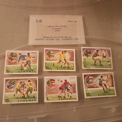 1-6 stamp set by Liberia commemorating the FIFA BETWEEN Brazil AND YUGOSLAVIA FOR SALE.