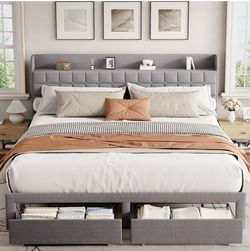 DUMOS King Bed Frame, Upholstered Platform Bed Frame with Storage Drawers King Size Bed Frame With Storage Drawers, with Headboard, Wood Bed Slats Sup