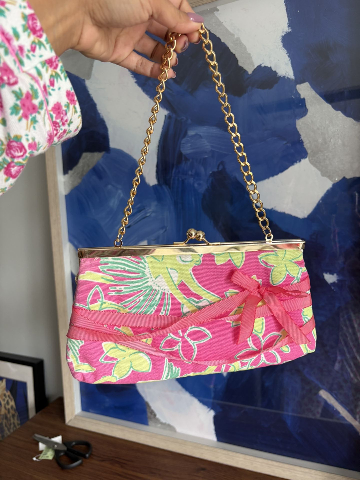 Lilly Pulitzer Pink and green floral clutch bag  with gold chain
