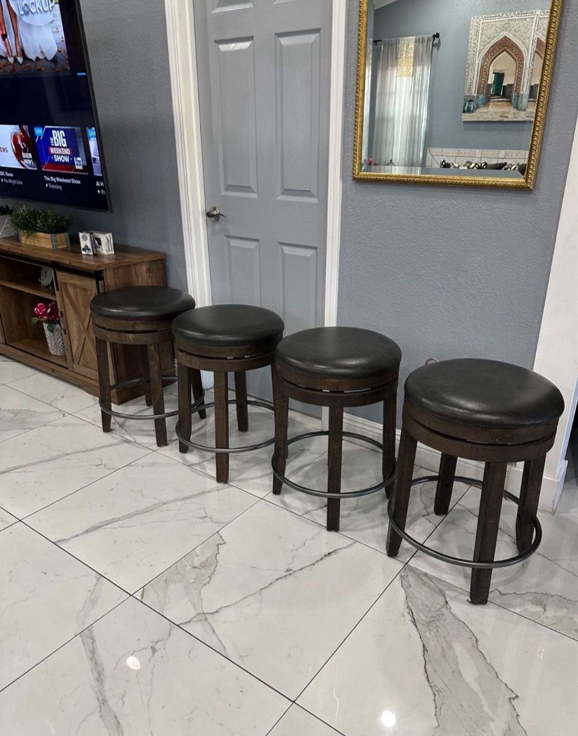 24'' Swivel Backless Leather Stools Set of 4 with Footrest, Modern Counter with PU Leather Upholstered & Wood -Metal Frame
