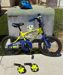 Kids bike blue with helmet and training wheels