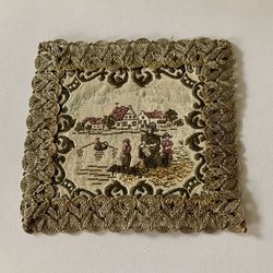 Antique square floral table doilies gold trim embroidered