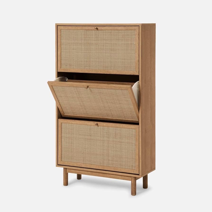 mopio Hannah Shoe Cabinet, Natural Rattan Farmhouse Shoe Storage Organizer, 3 Door Closet Rack for Entryway, Spacious Hallway Storage Cabinet with Doo