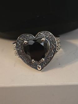 Size 8.5 Heavy 8g Gothic Filigree Black Heart Ring • Solid .925 Silver (Engraved 925 SH)