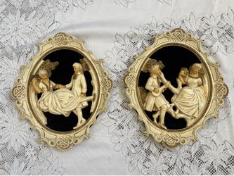 Vintage Pair UNIVERSAL STATUARY Corp Victorian Chalk Ware Oval Wall Hangings