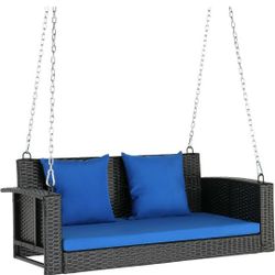  Heavy Duty 800 LBS Rattan Porch Swing Outdoor with Cushions & Adjustable Chains, 4FT Patio Wicker Swing Bench for Garden, Yard, Lawn, Tree (Black Rat