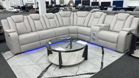 Large Power Reclining Sectional w/Adjustable Headrest & Wireless Speakers