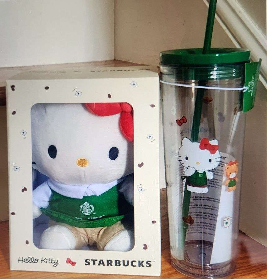 New: 2025 Hello Kitty Starbucks Bundle = 24oz Tumbler & Boxed Plush Barista. So Cute