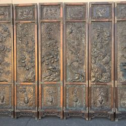 Rare & Unique Vintage Chinese Six-Panels Rosewood & Bronze Repousse Screen
