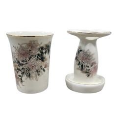 Vintage Shibata Japan Floral Toothbrush Holder & Cup Tumbler Gold Trim