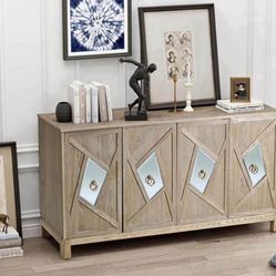60" Modern Sideboad Buffet Cabinet, Accent Storage Cabinet Console Table with 4 Mirrored Decorative Doors Freestanding Kitchen Cupboard wi
