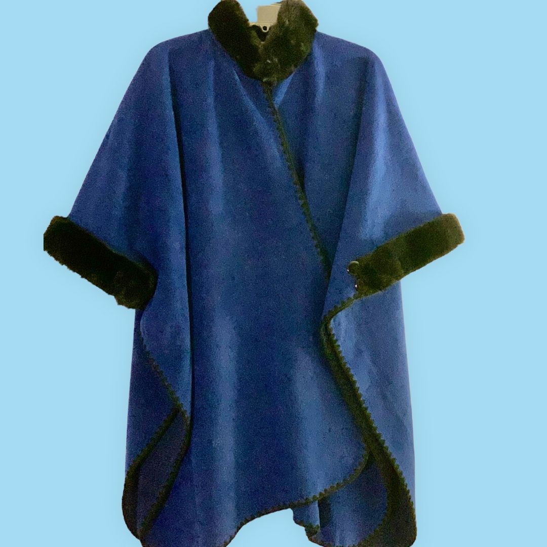 Soft And Cozy Sheep’s Wool Large Poncho/Cape Coat, With Faux Fur. Color Blue. Handmade Imported