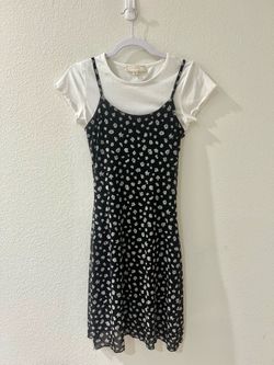 White T-Shirt and Black Floral Slip Dress