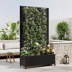 Metal Planter Box with Trellis, 73"x35"x16 Metal Raised Garden Bed with Trellis, Metal Planter Box with Drainage Holes & Lockable Wheels & Privacy Scr