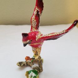 GORGEOUS ENAMELED BIRD TRINKET BOX WITH ALL HAND CRAFTED DECORATIVE DESIGNS RHINESTONES 5 INCHES TALL