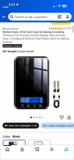 Letron 33 lb Kitchen Food Scale with Timer & Tare Function (Glass Surface, Black)