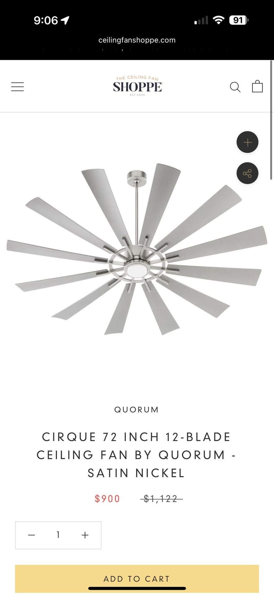 Cirque 72” 12 Blade Ceiling Fan by Quorum – Satin Nickel – Brand New