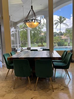 Solid Wood Dining Table Set with 8 Emerald Green Chairs – Good Condition