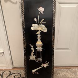 Vintage Chinese Lacquered Wall Panel with Carved Mother of Pearl Chinoiserie