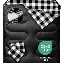 MEREZA Flannel Double Sleeping Bag for Adults Cold Weather, XL Queen Size Sleeping Bag for All Season 2 Person Big and Tall Sleeping Bags for Camping 