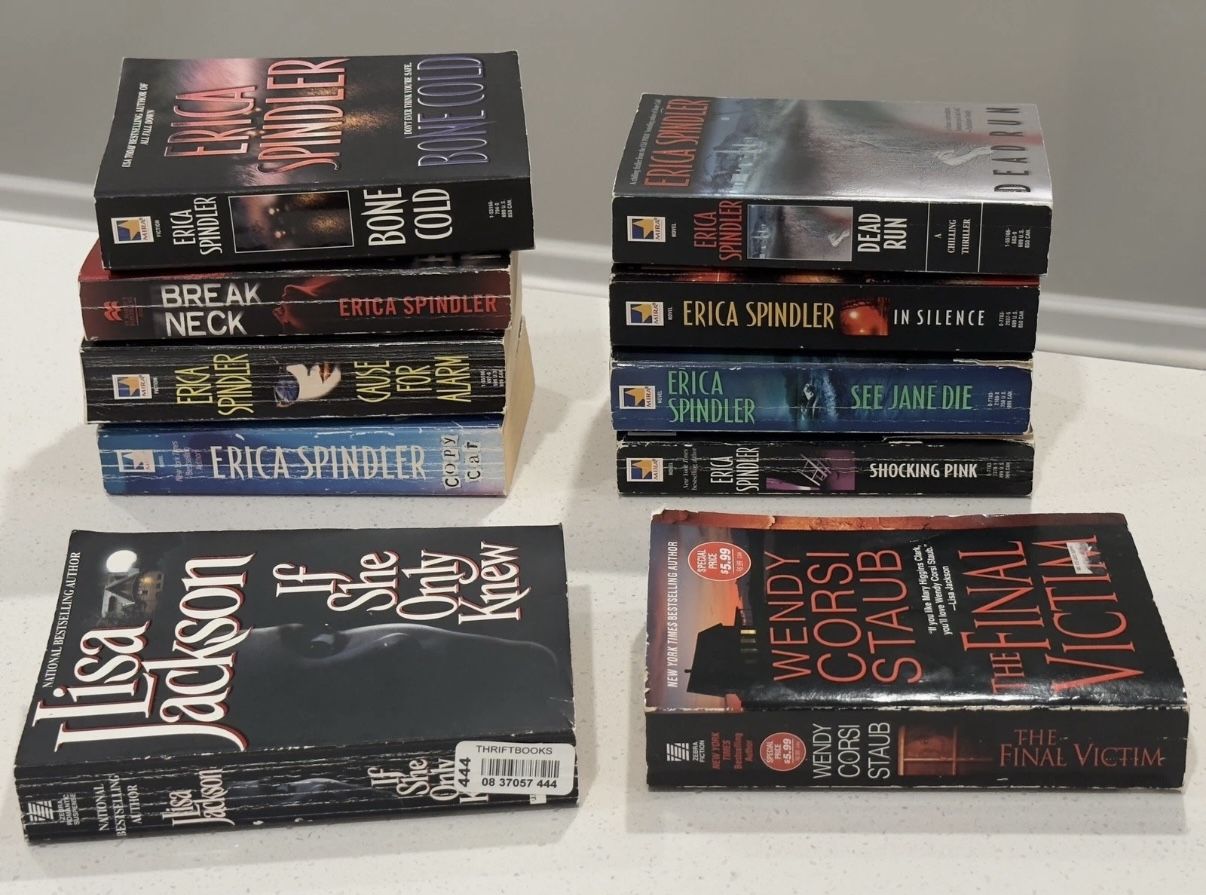 Lot of 10 Mystery / Thriller Paperback Books By Authors Erica Spindler (8), Jackson (1) & Staub (1)