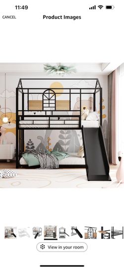 Black Metal House Bunk Bed with Slide