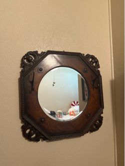Antique Carved Wood Wall Mirror with Hooks