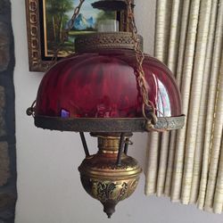 Antique Ruby Red Glass And Brass Patina Ceiling Light Fixture Chandelier