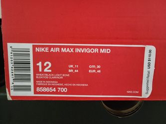 Nike Air Max Invigor Mid Wheat Black Light Bone Men s Size 12 NEW