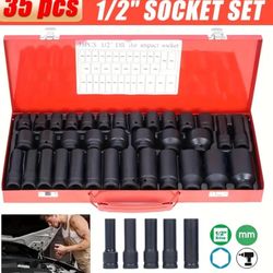 35pcs 1/2-inch Drive Deep Impact Socket Tool Set Metric Garage Shop Tool,