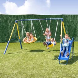 Sportspower Super Saucer Metal Swing Set with 2 Swings, Saucer Swing and 1-Piece Heavy Duty Slide
